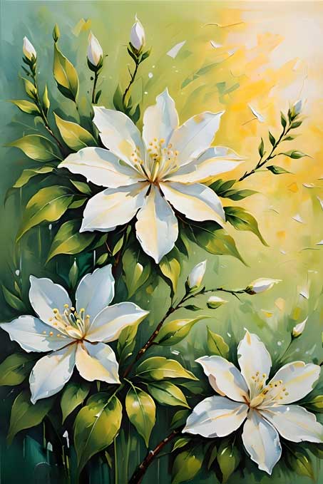 Elegant Jasmine Bloom Painting for Health and Harmony in the East