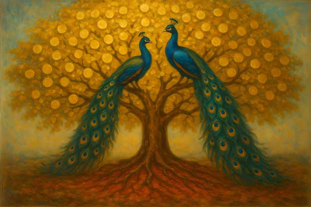 Painting of Golden Money Tree with Peacock Pair in South-East for Wealth Generation and Business Growth