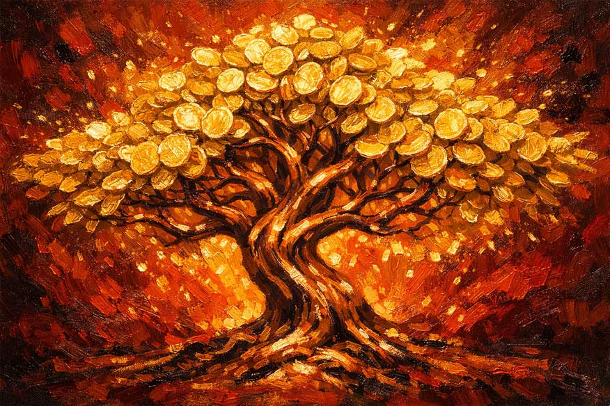 Painting of Golden Coin Tree with Strong Roots in South-East for Wealth Generation and Business Growth