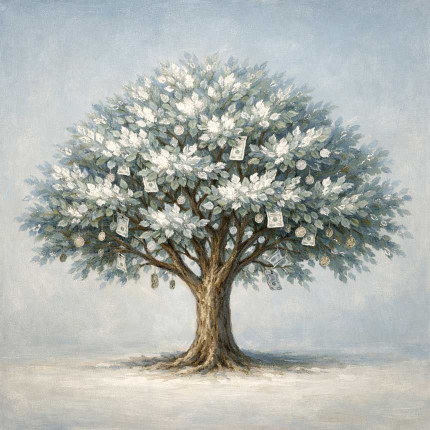 Painting of Silver Blossom Money Tree in West for Savings and Asset Building