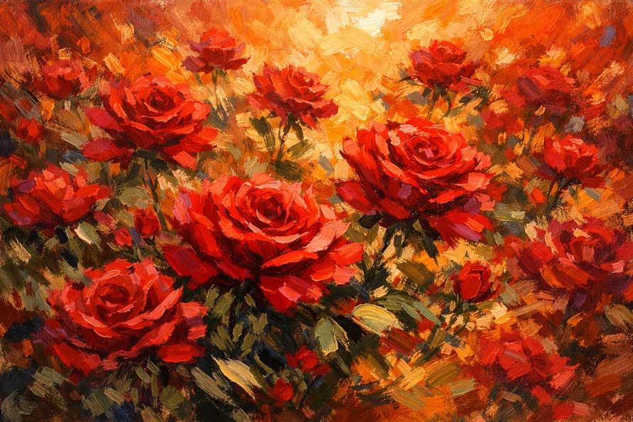 Abstract Blooming Red Roses Wall Art Symbol of Love, Passion and Vital Energy