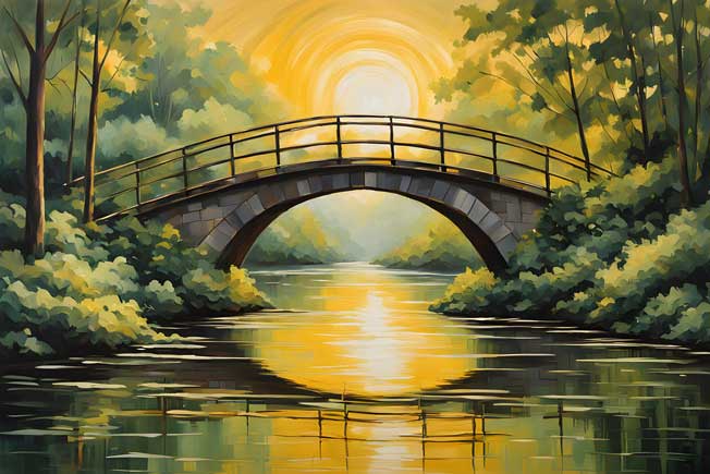 Bridge Illuminated by Soft Golden Hues – Artwork for Social Connection & Positivity (East Direction)