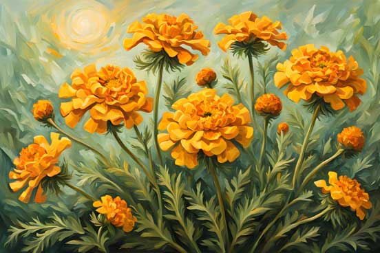 Cluster of Blooming Yellow Marigolds Painting in East