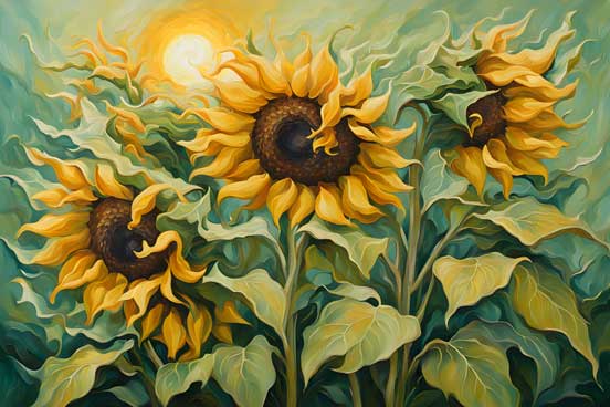 Cluster of Blooming Yellow Sunflowers with Rising Sun Artwork - Positivity & New Beginnings