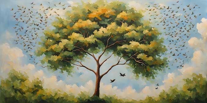 Lush Green Tree with Flying Birds Painting for Social Connection in the East Direction