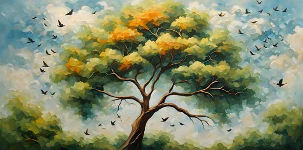 Lush Green Tree with Birds in Flight – Artwork for East