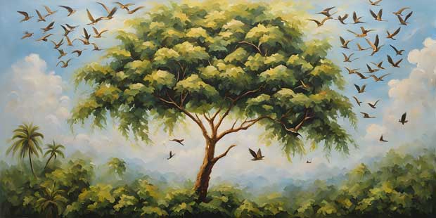 Lush Green Tree with Flying Birds Art for East