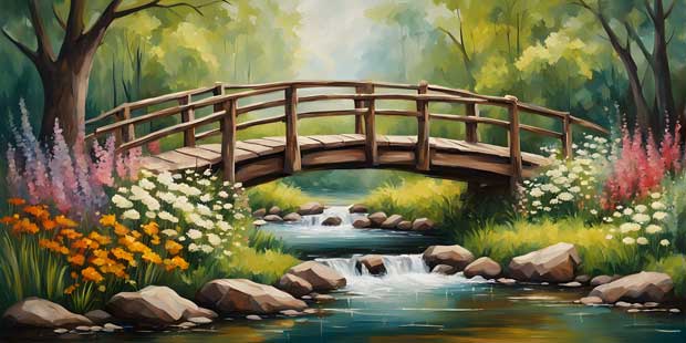 Rustic Wooden Bridge Artwork Surrounded by Trees and Flowers – Vastu for Social Connection