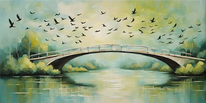 Serene Bridge with Birds Flying Across It - Vastu Artwork for Social Connection