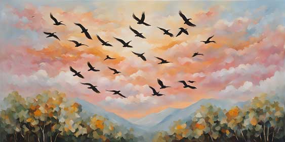 Soaring Grace: Birds in Crimson Sky - Artwork for East