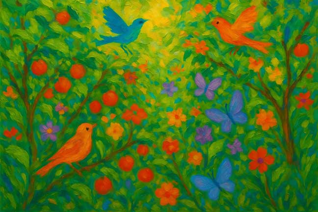 Canvas Wall Art of Serene Garden Scene for East Wall Vastu-Inspired Painting