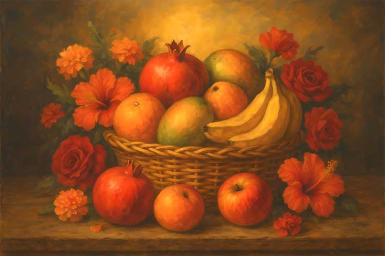 Vastu Artwork of Overflowing Basket of Fruits & Flowers for Abundance