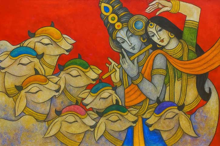 Modern Art Radha Krishna Painting with Cows
