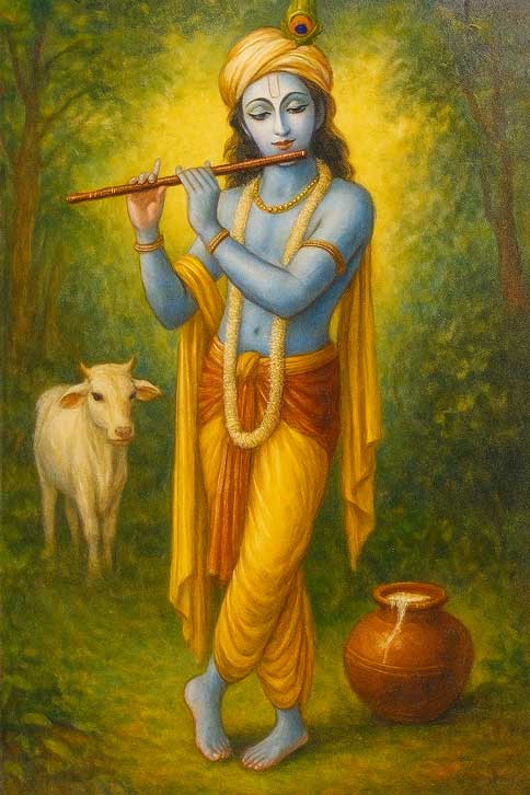 Lord Krishna Flute Painting with Cow & Butter Pot