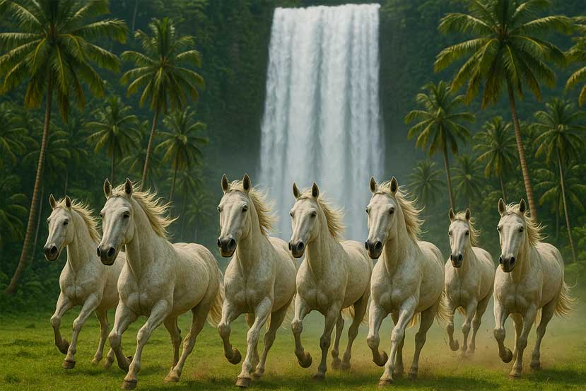 7 Horses with Waterfall Vastu Painting for North Wall Career & Success