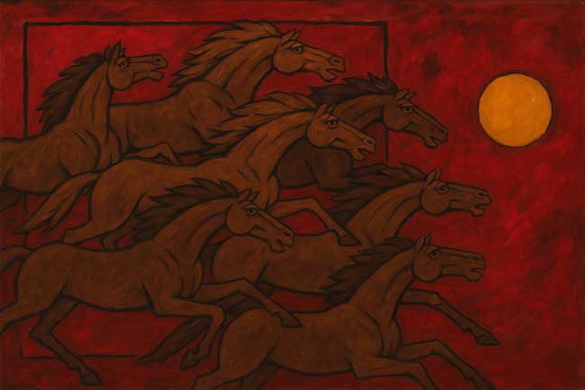 7 Brown Horses Painting with Red Background