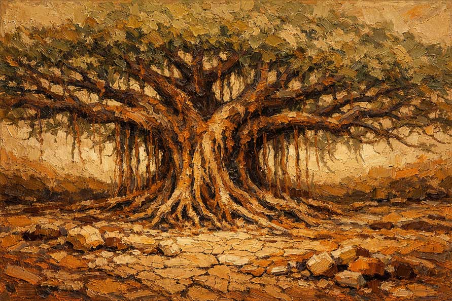 Wall Art Ancient Banyan Tree Painting for Deep Security, Stability & Strong Foundations