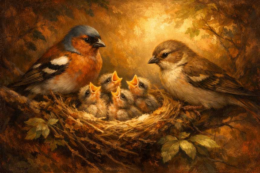 Wall Art Bird Family in Nest Painting for Nurturing Love, Security & Warmth