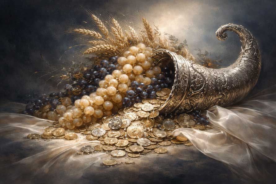 Painting of Cornucopia of Fruits and Coins in West for Abundant Gains 