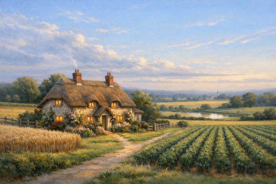 Painting of Cottage in Prosperous Fields for Wealth Stability and Comfort
