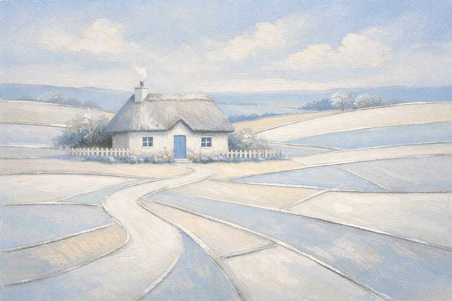 Abstract Painting of Cottage in Prosperous Fields for Wealth Stability and Comfort