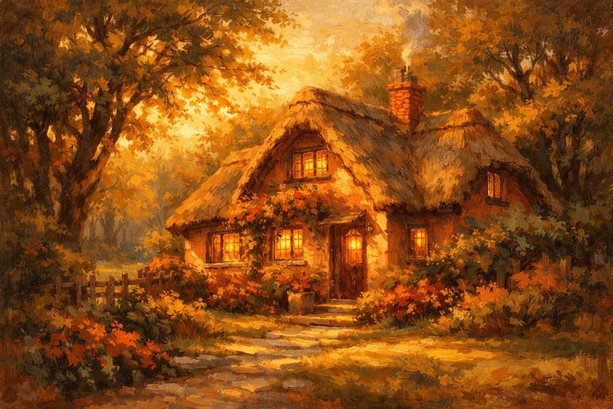 Wall Art Sunlit Cottage in Forest Painting for Safety, Comfort & Peace