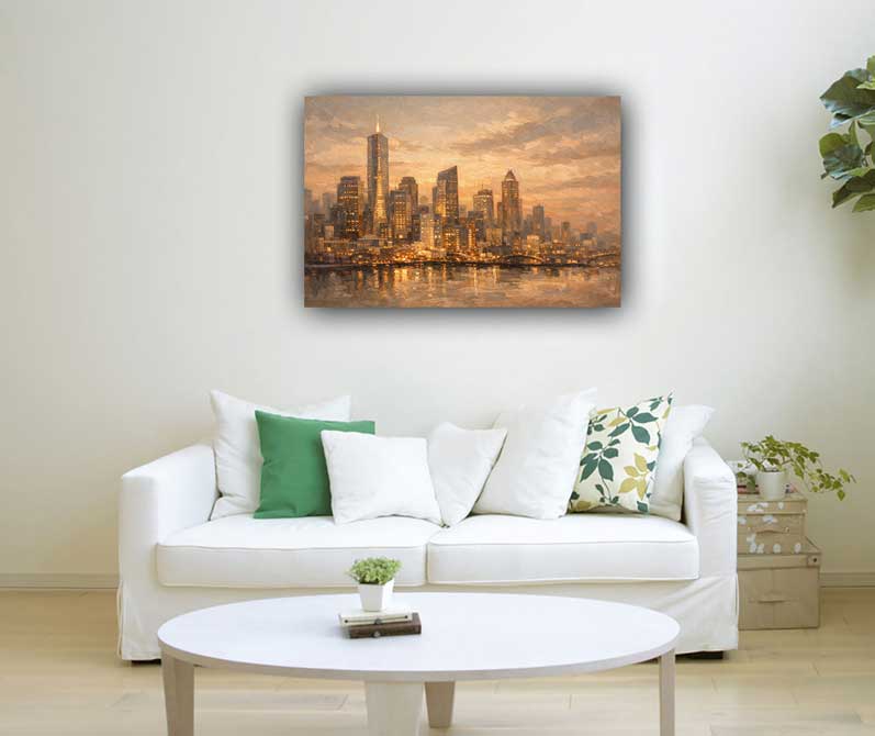 Abstract Painting of City Skyline at Dusk for Modern Urban Energy and Fresh Ideas