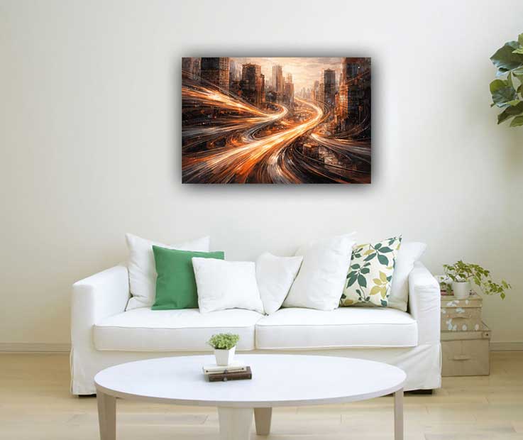 Painting of Abstract City Streets with Light Trails for Progress, Energy, and Fast-Paced Success