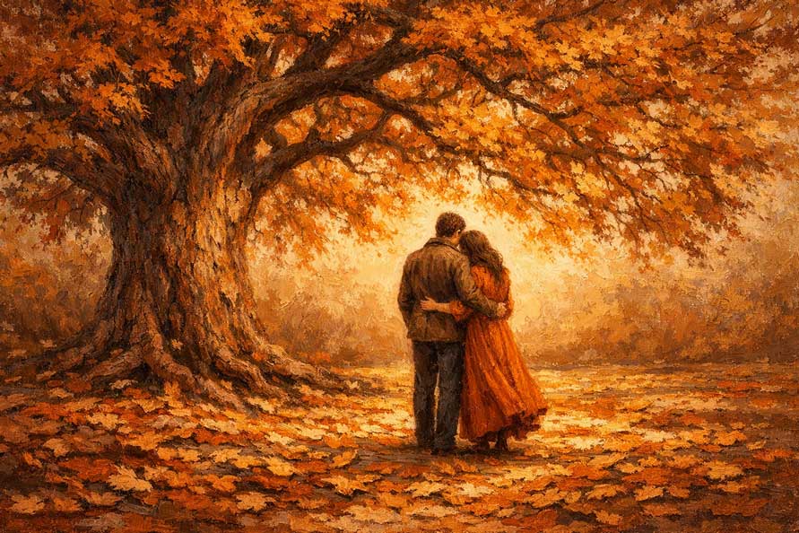Wall Art Couple Walking in Autumn Forest Painting for Emotional Intimacy & Stability