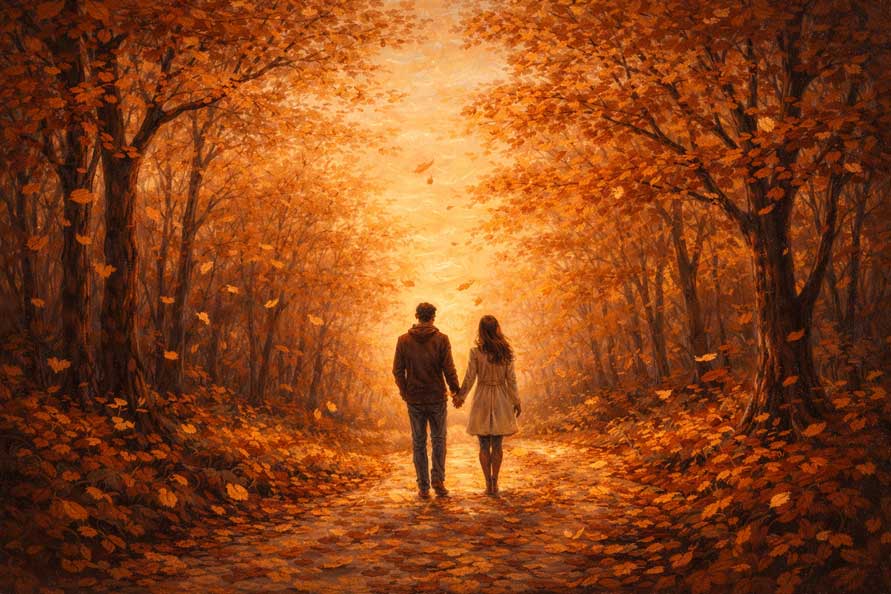 Wall Art Couple Walking in Autumn Forest Painting for Emotional Intimacy & Stability