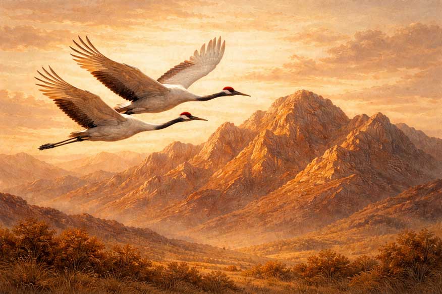 Wall Art Pair of Cranes Painting for Longevity, Love & Graceful Partnership