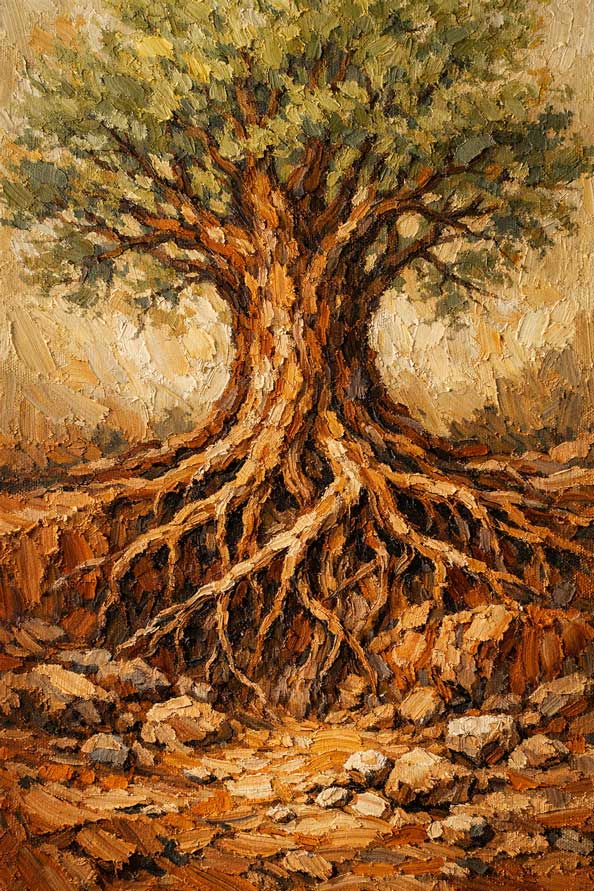 Wall Art Tree with Deep Roots Painting for Family Harmony, Security & Long-Term Stability