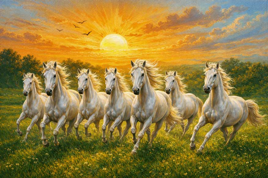 Painting of Seven White Horses with Sunrise in East for Rapid Success & New Opportunities