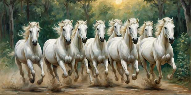 8 White Horses with Rising Sun for Prosperity