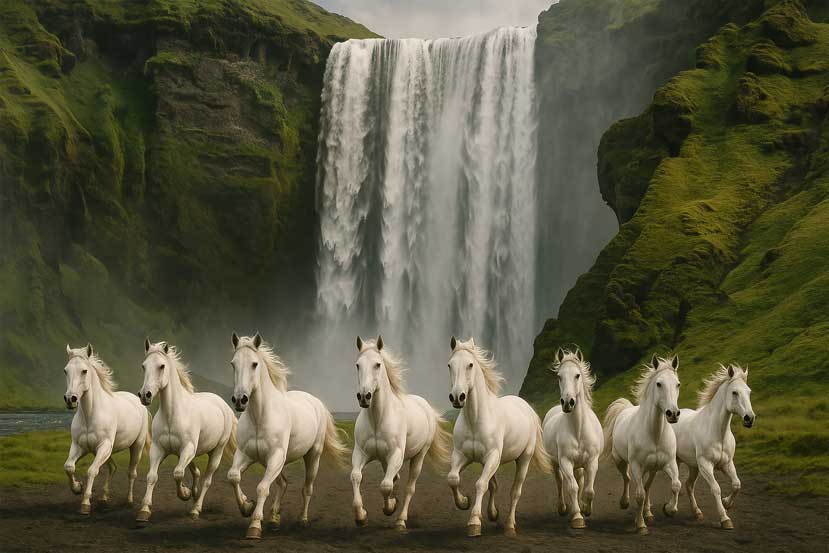 8 Horses with Waterfall