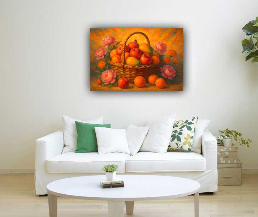 Canvas Wall Painting of Overflowing Fruits & Flowers Basket