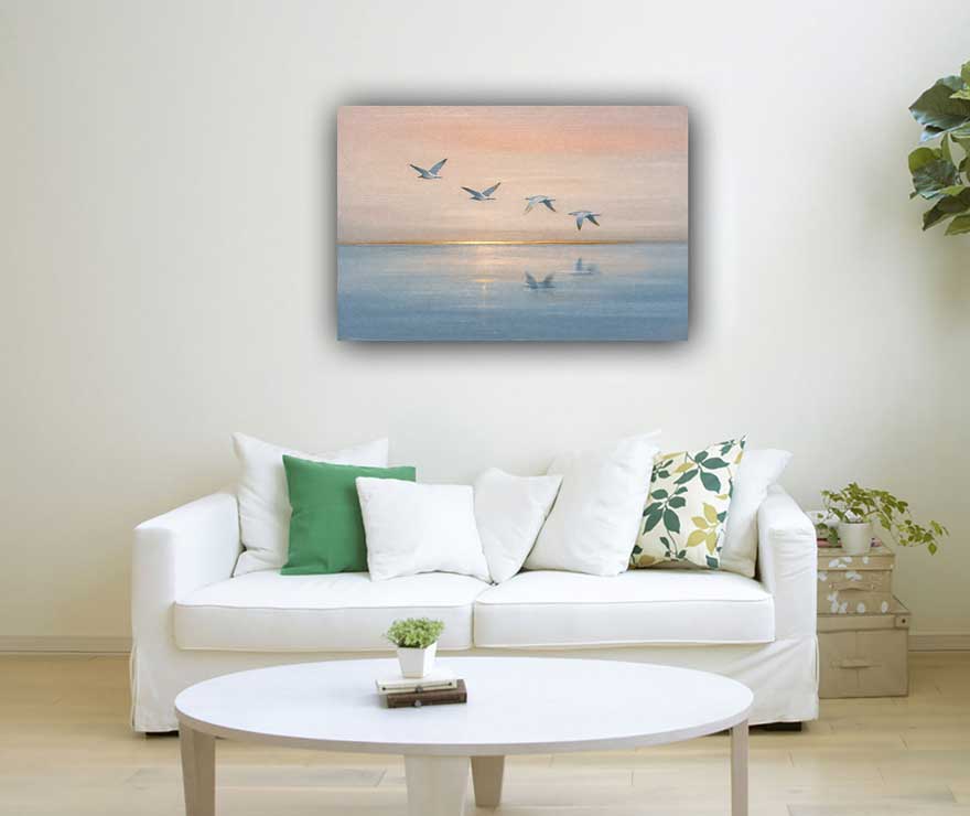 Abstract Painting of Flying Birds Over Water for Freedom, Clarity, and Positive Movement