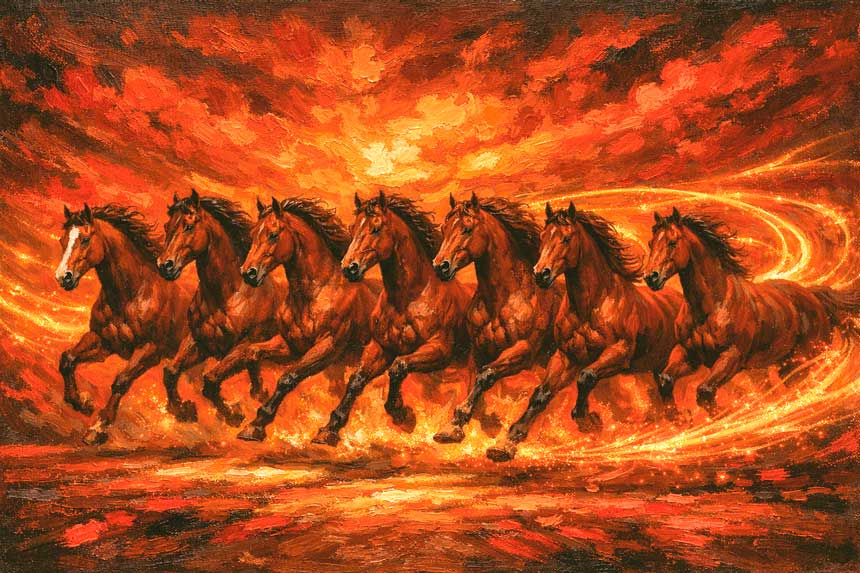 Painting of Seven Horses Running in Fiery Tones in South-East for Income Growth, Profit and Financial Success