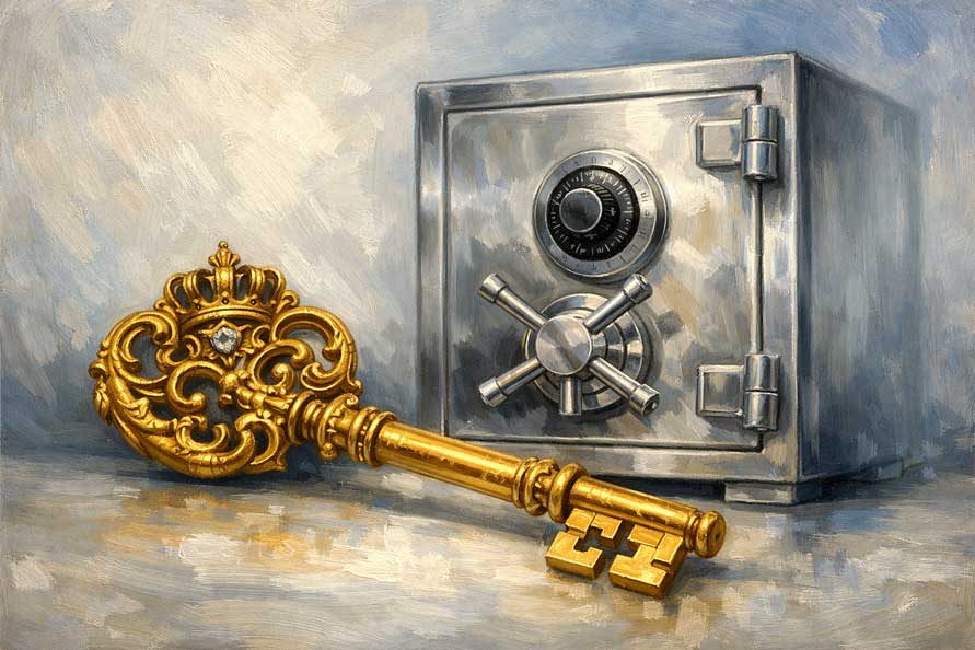 Painting of Golden Key with Safe for Unlocking Financial Security