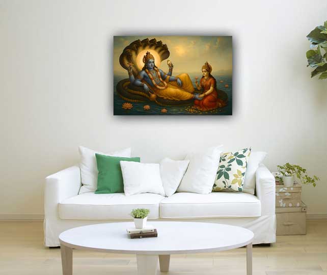 Lord Vishnu with Goddess Lakshmi on Sheshnag in Sea