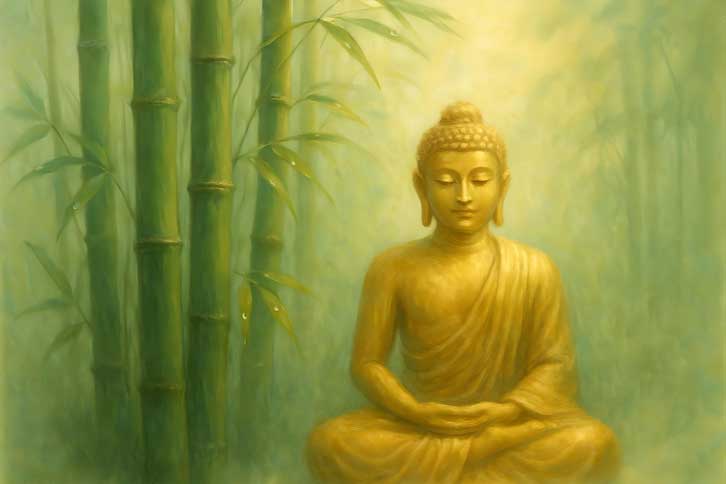Bamboo Tree with Golden Buddha Wall Art Canvas Painting for Peace and Harmony