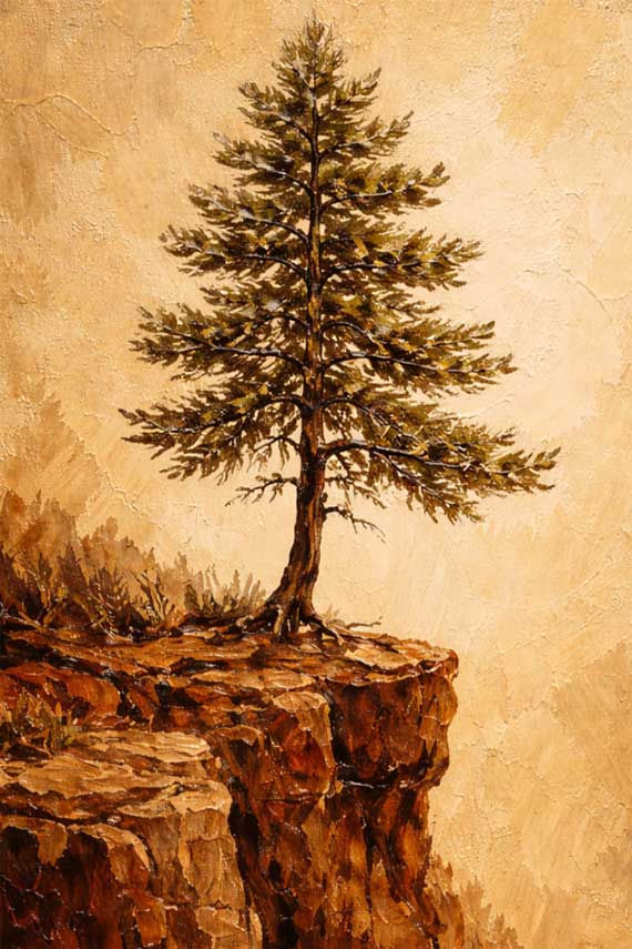 Wall Art Lone Pine on Cliff Painting for Stability, Inner Strength & Resilient Solitude
