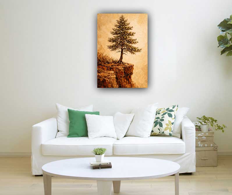 Wall Art Lone Pine on Cliff Painting for Stability, Inner Strength & Resilient Solitude