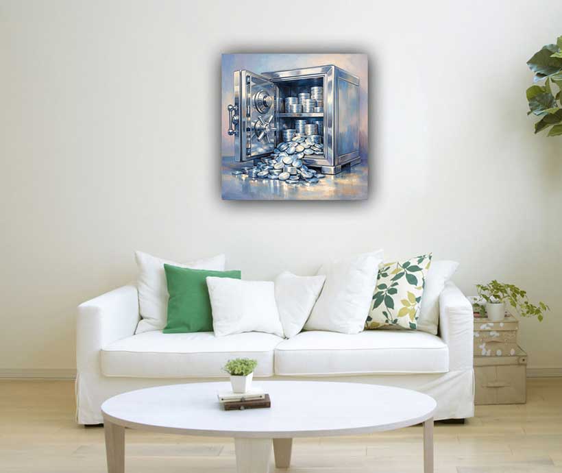 Painting of Locker with Shining Coins for Wealth Security and Financial Stability