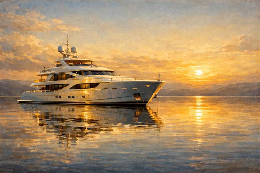 Painting of Luxury Yacht on Calm Waters for Wealth, Stability, and Lifestyle Success