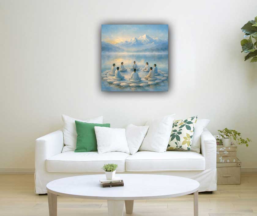 Meditation Circle by Water Wall Art for Serene Mountain Reflection Canvas Painting