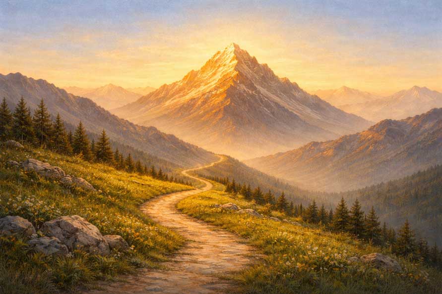 Painting of Mountain Peak with Sunlight for Success, Profits, and Long-Term Gains