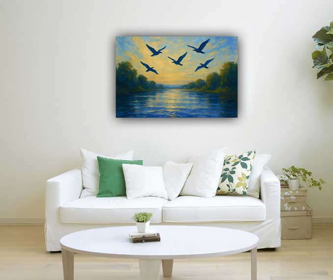 Canvas Wall Art of Flowing River and Birds for Prosperity and Career Growth (Vastu-Inspired)