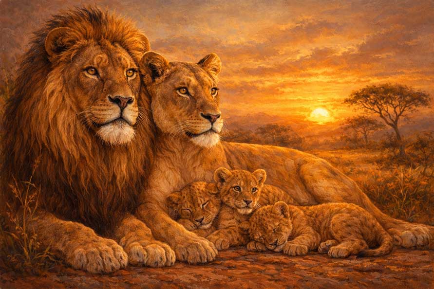 Wall Art Lion Family Painting for Strength, Protection & Powerful Family Bonds