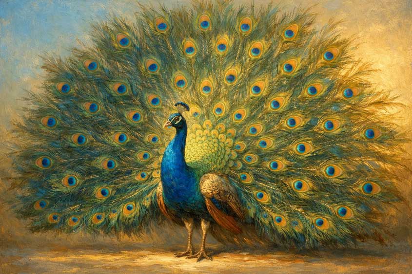 Painting of Peacock with Open Feathers for Prosperity, Pride, and Good Fortune